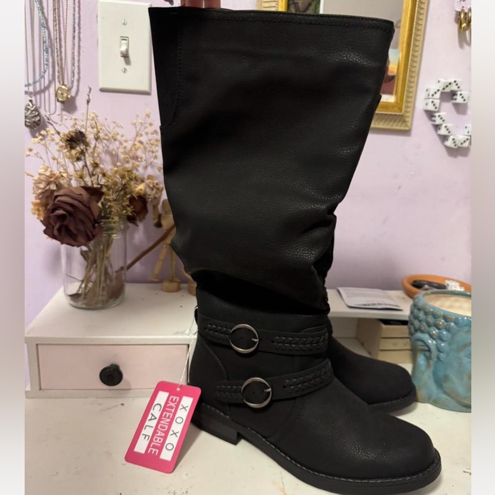 XOXO Black Heeled Boots with Decorative Buckles